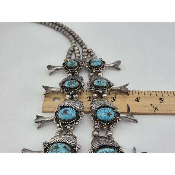 Early Navajo Indian KINGMAN Turquoise Sterling Silver Squash Blossom Necklace - Picture 15 of 16